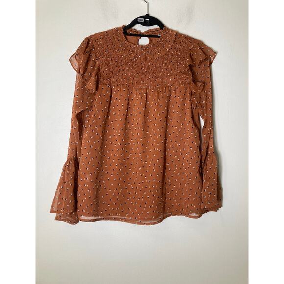 Jade Tops - Jade Brown Navy Dot Smocked Chest Blosue Sz Xs